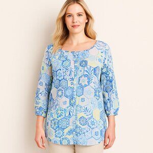 Talbots Blue Print Cotton Peasant Boho Blouse Top Floral Top Plus Size 2X Summer